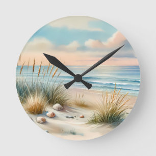 Pastel Coastal Dunes Watercolor Round Clock