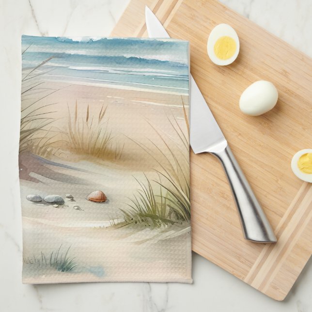 Pastel Coastal Dunes Watercolor Tea Towel (Quarter Fold)