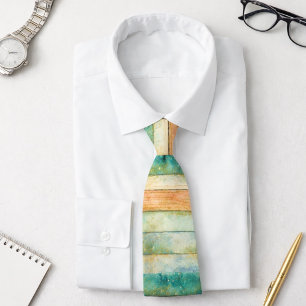 Pastel Coastal Watercolor Stripes Teal Peach Gold Tie