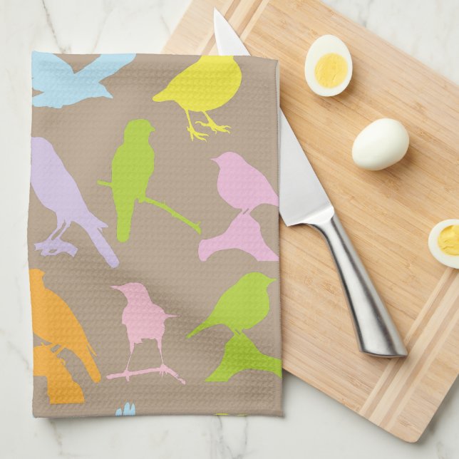 Pastel Colored Variety of Birds Pattern Tea Towel (Quarter Fold)