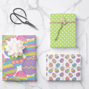 PASTEL COLORFUL EASTER EGGS & GREEN POLKS DOTS WRAPPING PAPER SHEET