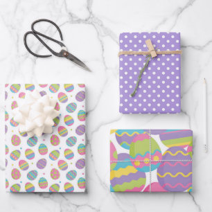 PASTEL COLORFUL EASTER EGGS & PURPLE POLKA DOTS WRAPPING PAPER SHEET