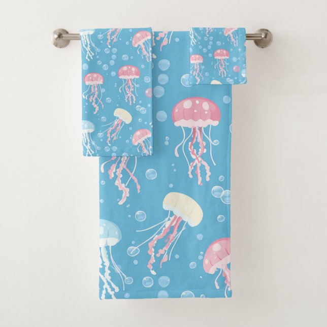 Pastel colors jellyfish pattern bath towel set (Insitu)