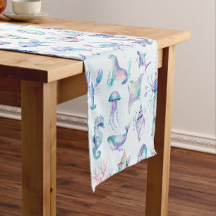 Pastel colors sea animals pattern short table runner