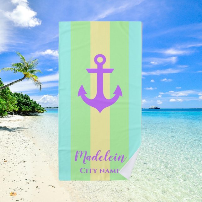 Pastel Colour Anchor Nautical Stripes Custom Name Beach Towel (Pastel Color Anchor Nautical Stripes Custom Name Beach Towel)