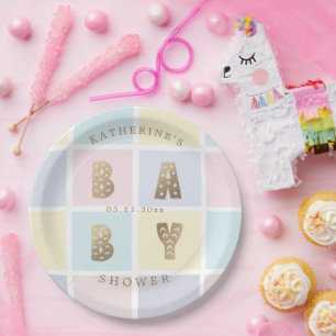 pastel colour block gold baby shower paper plate