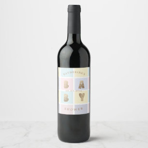 pastel colour block gold baby shower  wine label