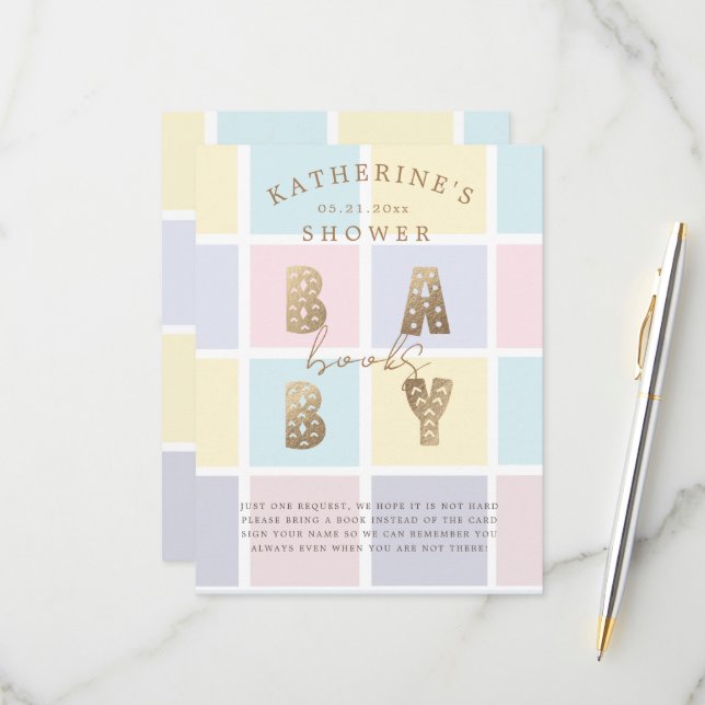 Pastel Colour Block Gold Books For A Baby Card (Front/Back In Situ)