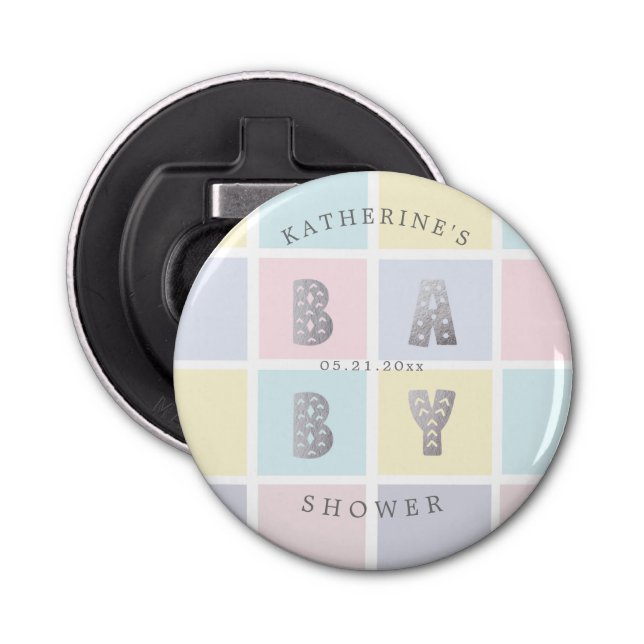 pastel colour block silver baby shower bottle opener (Front)