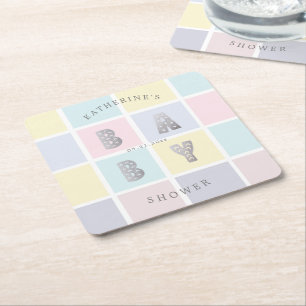 pastel colour block silver baby shower  square paper coaster