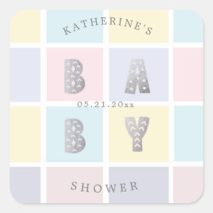 pastel colour block silver baby shower square sticker
