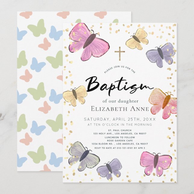 Pastel Colour Butterfly Girl Baptism Invitation (Front/Back)