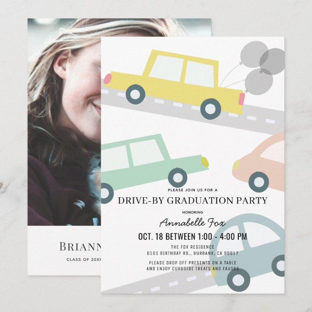 Pastel Colour Cars Photo Drive-by Graduation Party Invitation (Front/Back)