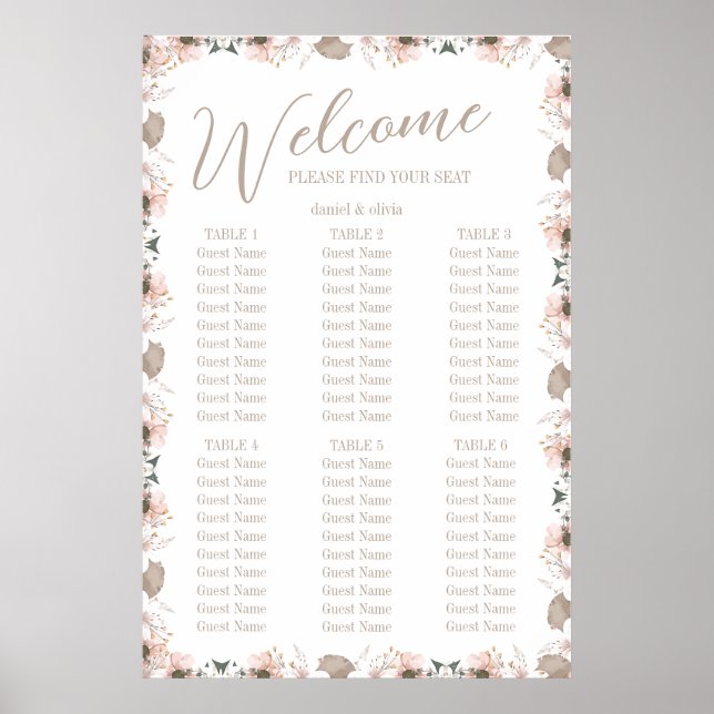 Pastel Colour Floral Wedding  Seating Charts (Front)