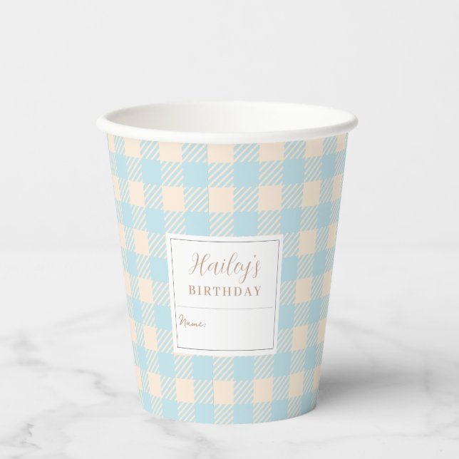 Pastel colour pale blue gingham plaid checked part paper cups (Front)