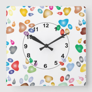 Pastel Colour Pawprints Square Wall Clock