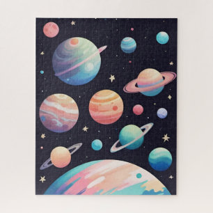 Pastel colour planets in dark space jigsaw puzzle