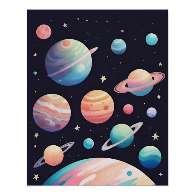 Pastel colour planets in dark space poster (Front)