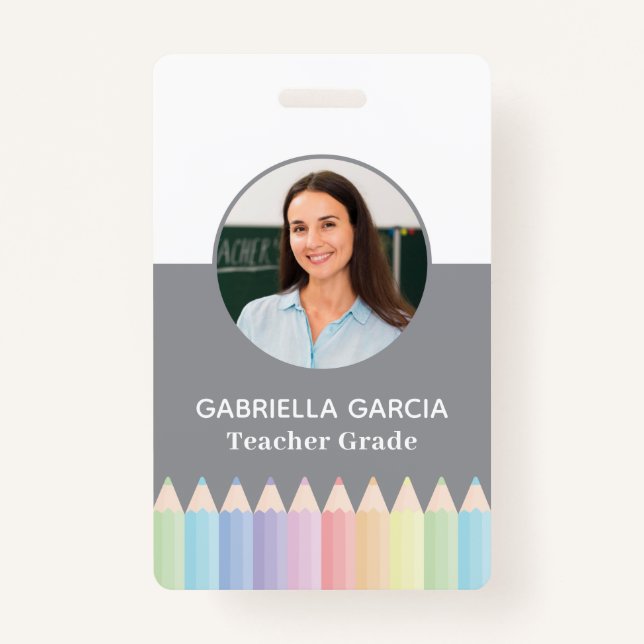 Pastel Colour Rainbow Teacher Photo ID badge (Front)
