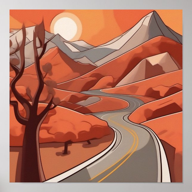 Pastel colour Retro Mountain Landscape Illustratio Poster (Front)