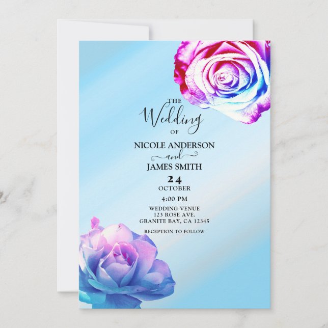 Pastel Colour Roses Elegant Blue Floral Wedding Invitation (Front)