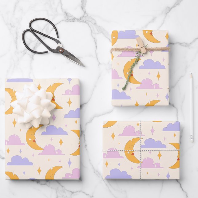 Pastel colour sleep moon wrapping paper sheet (Front)