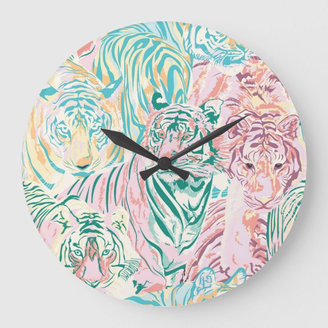 Pastel Colour Tiger Art Pattern Large Clock (Front)