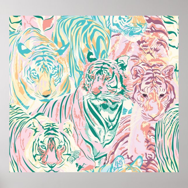 Pastel Colour Tiger Art Pattern Poster (Front)