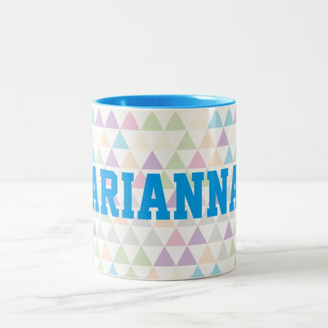 Pastel Colour Triangles with Blue Custom Name Two-Tone Coffee Mug (Center)
