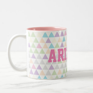 Pastel Colour Triangles with pink Custom Name Two-Tone Coffee Mug