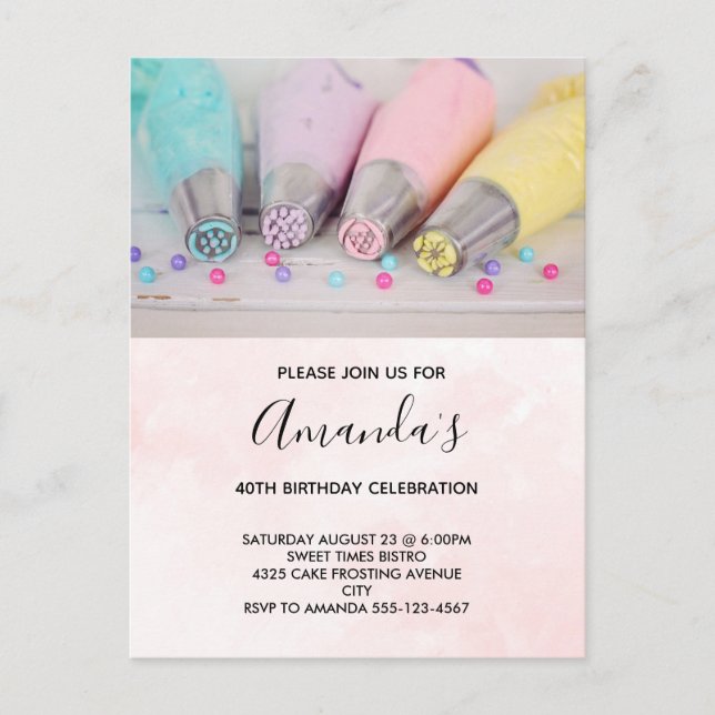 Pastel Coloured Cake Decorating Tools Birthday Invitation Postcard (Front)