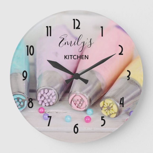 Pastel Coloured Cake Decorating Tools Kitchen Large Clock (Front)