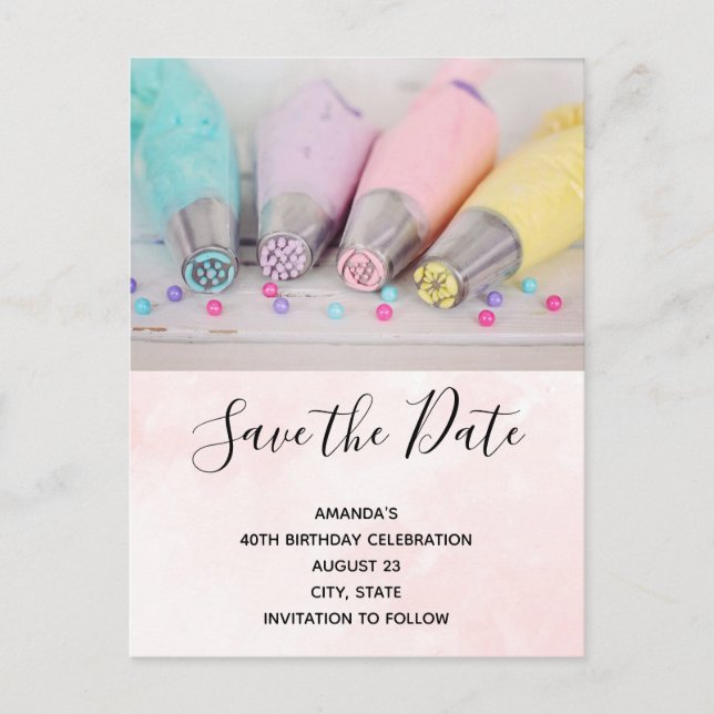 Pastel Coloured Cake Decorating Tools Save the Dat Invitation Postcard (Front)
