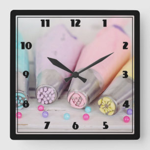 Pastel Coloured Cake Decorating Tools Square Wall Clock