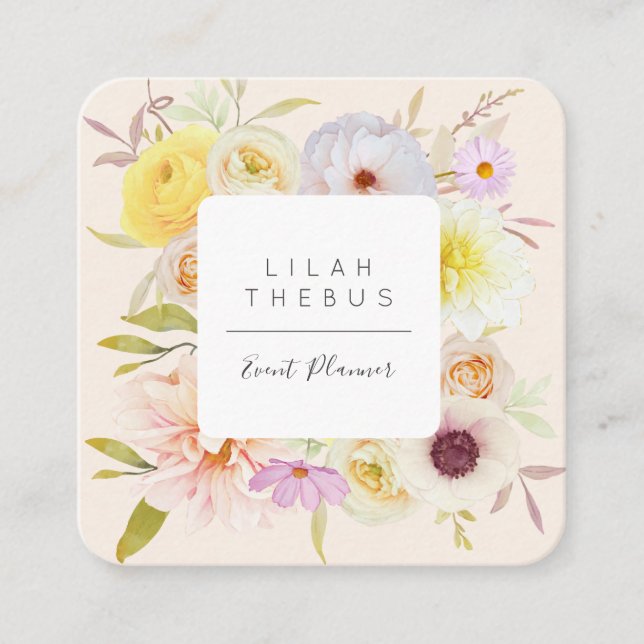 Pastel Coloured Floral Square Business Card (Front)