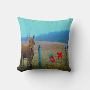 Pastel coloured Horses, Stocking on fence Cushion
