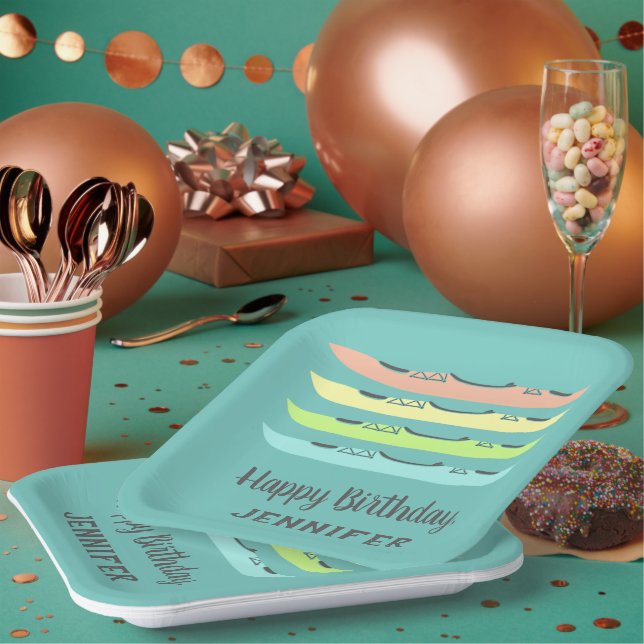 Pastel Coloured Kayaks on Teal Personalised Paper Plate (Multi)