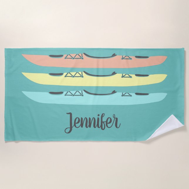 Pastel Coloured Kayaks Personalised Teal Blue Beach Towel (Front)