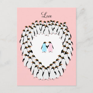 Pastel coloured penguins in heart postcard