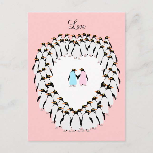 Pastel coloured penguins in heart postcard (Front)