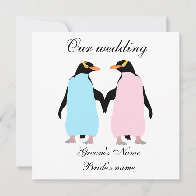 Pastel coloured penguins wedding invitation (Front)
