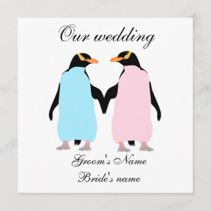 Pastel coloured penguins wedding invitation