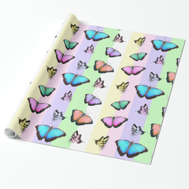 Pastel Coloured Pink, Green, Yellow Butterflies Wrapping Paper (Unrolled)
