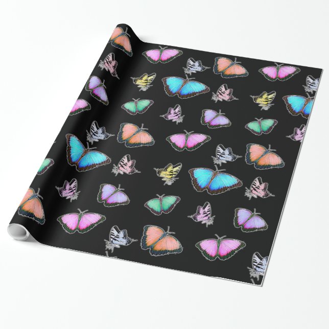 Pastel Coloured Pink, Green, Yellow,  Butterflies Wrapping Paper (Unrolled)