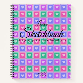 Pastel Coloured Squares with Hearts Skectchbook Notebook