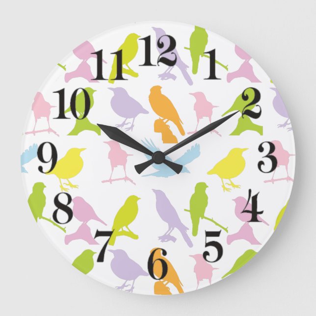 Pastel Coloured Variety of Birds Pattern Large Clock (Front)
