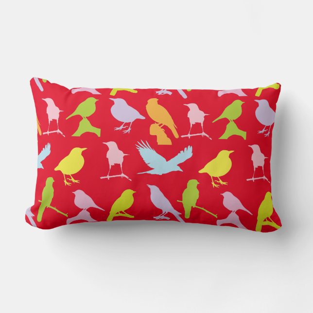 Pastel Coloured Variety of Birds Pattern Lumbar Cushion (Front)