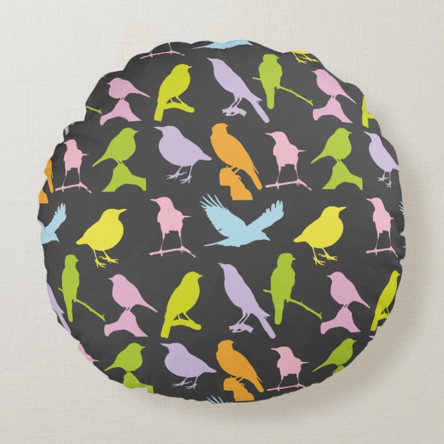 Pastel Coloured Variety of Birds Pattern Round Cushion (Front)