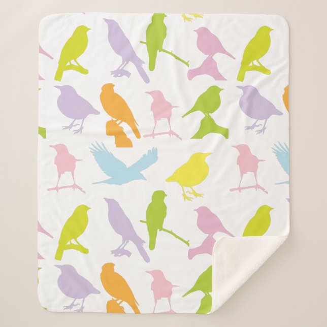 Pastel Coloured Variety of Birds Pattern Sherpa Blanket (Front)