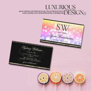 Pastel Colourful Glitter Black Gold Border Monogra Business Card